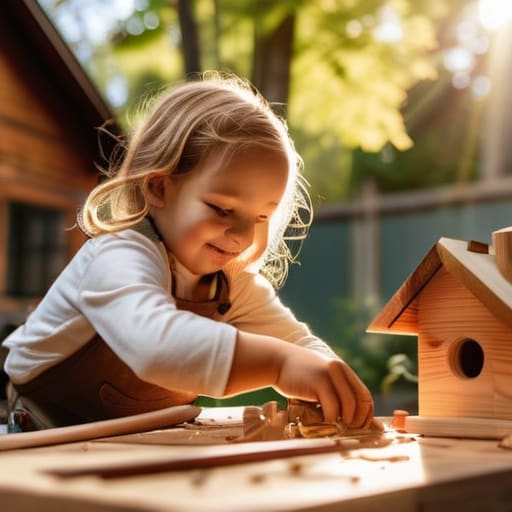 Kids learning how to build a birdhouse.